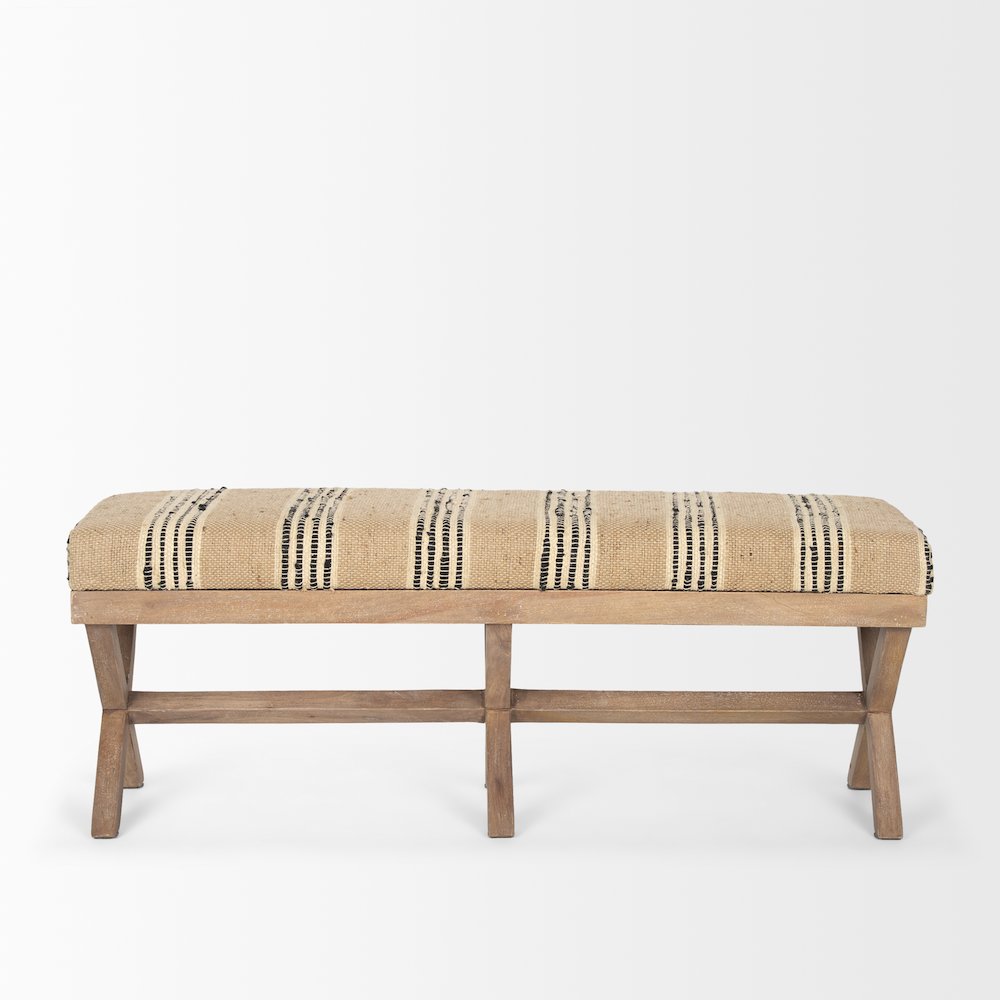 50L X 16W Brown Base Upholstered Beige/Black Stripe Seat Accent Bench