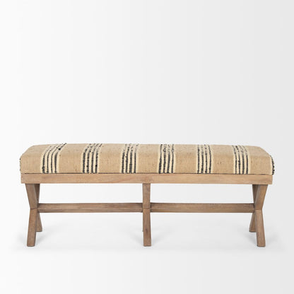 50L X 16W Brown Base Upholstered Beige/Black Stripe Seat Accent Bench
