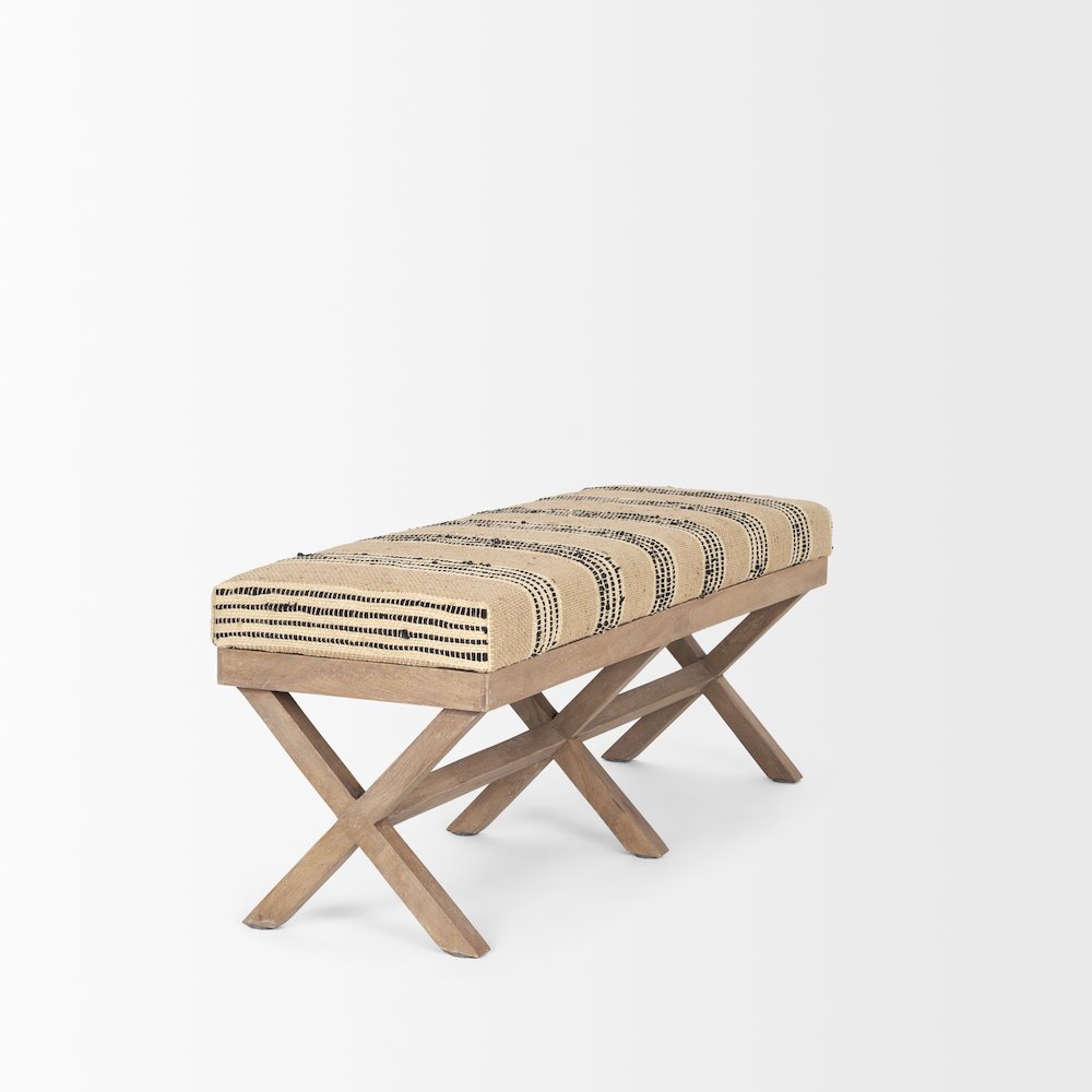 50L X 16W Brown Base Upholstered Beige/Black Stripe Seat Accent Bench