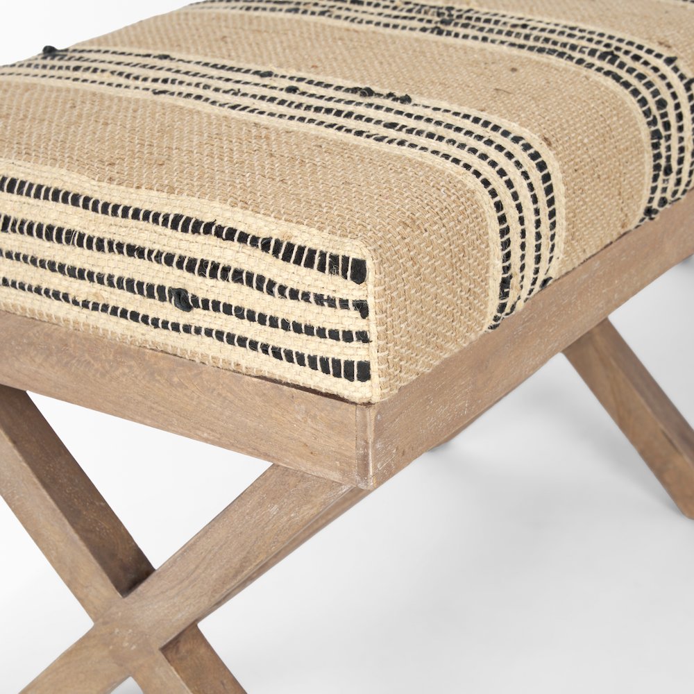 50L X 16W Brown Base Upholstered Beige/Black Stripe Seat Accent Bench