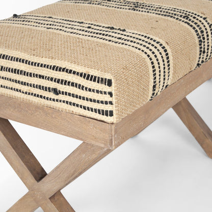 50L X 16W Brown Base Upholstered Beige/Black Stripe Seat Accent Bench