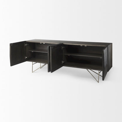 Darwin 80x17.5 Brown Solid Wood Gold Metal Base 4 Cabinet Door Sideboard