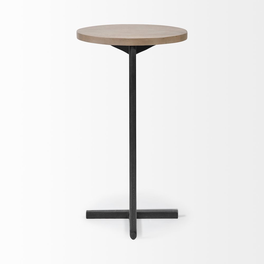 Brown Wood Round Top Black Metal Base Accent Table