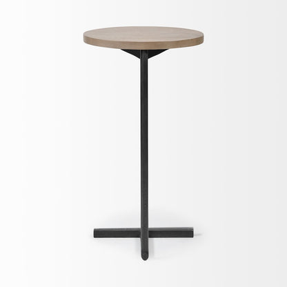 Brown Wood Round Top Black Metal Base Accent Table