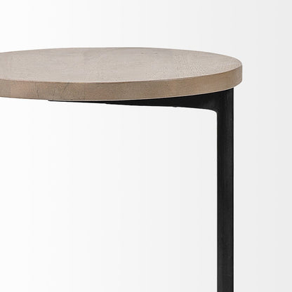 Brown Wood Round Top Black Metal Base Accent Table