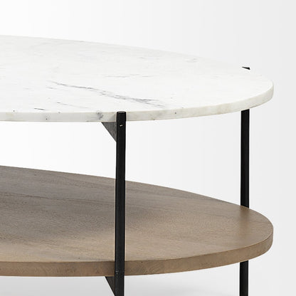 48" Oval White Marble Top And Solid Wood Shelf Black Metal Frame Coffee Table
