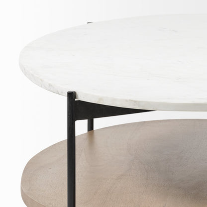 48" Oval White Marble Top And Solid Wood Shelf Black Metal Frame Coffee Table