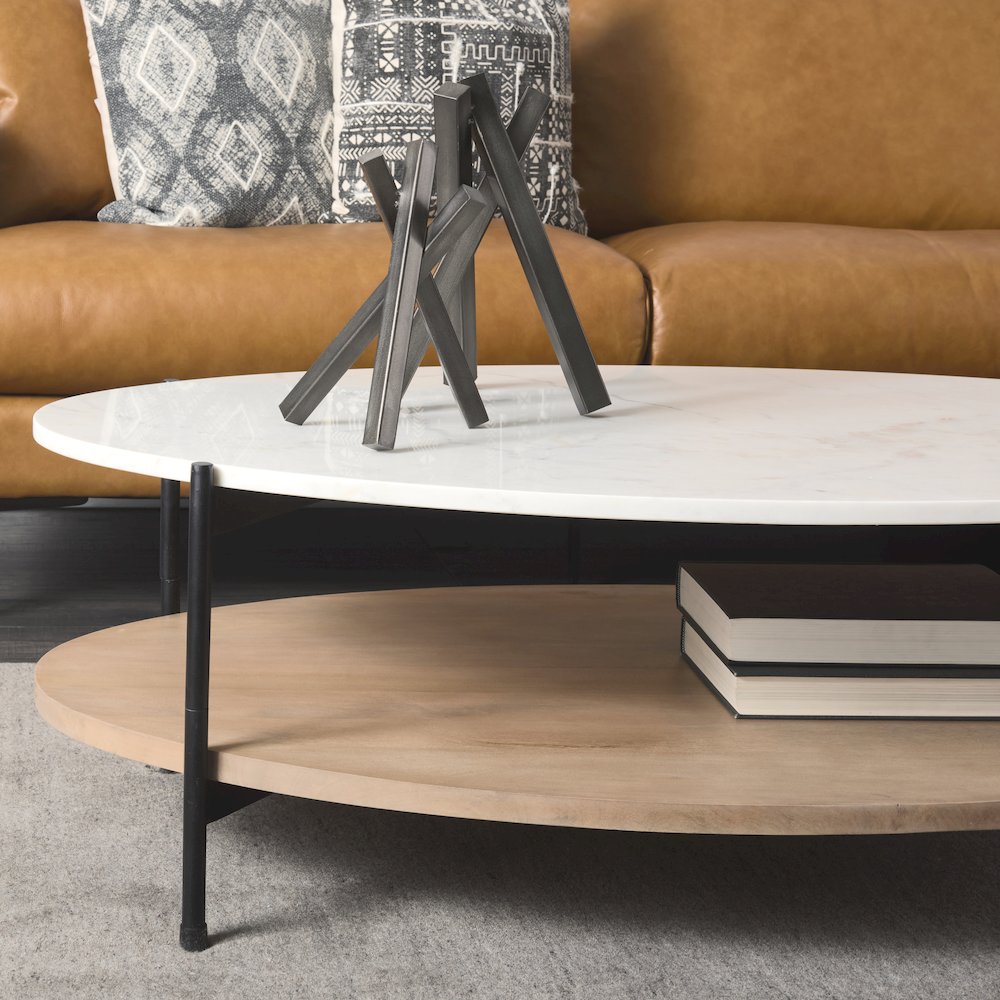 48" Oval White Marble Top And Solid Wood Shelf Black Metal Frame Coffee Table