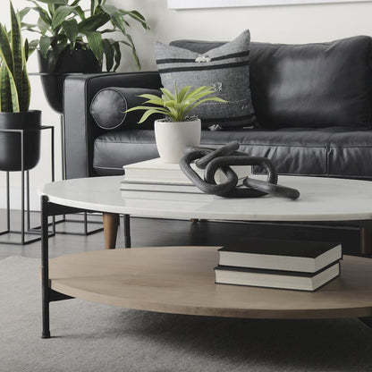 48" Oval White Marble Top And Solid Wood Shelf Black Metal Frame Coffee Table