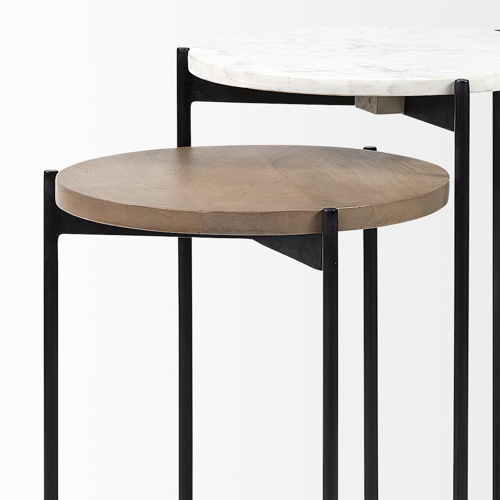 Larkin Marble and Medium Brown Wood Round Tabletop Nesting End/Side Tables