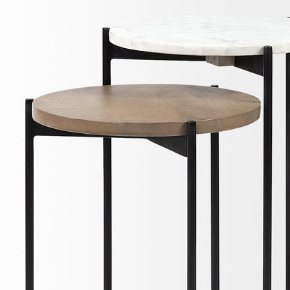 Larkin Marble and Medium Brown Wood Round Tabletop Nesting End/Side Tables