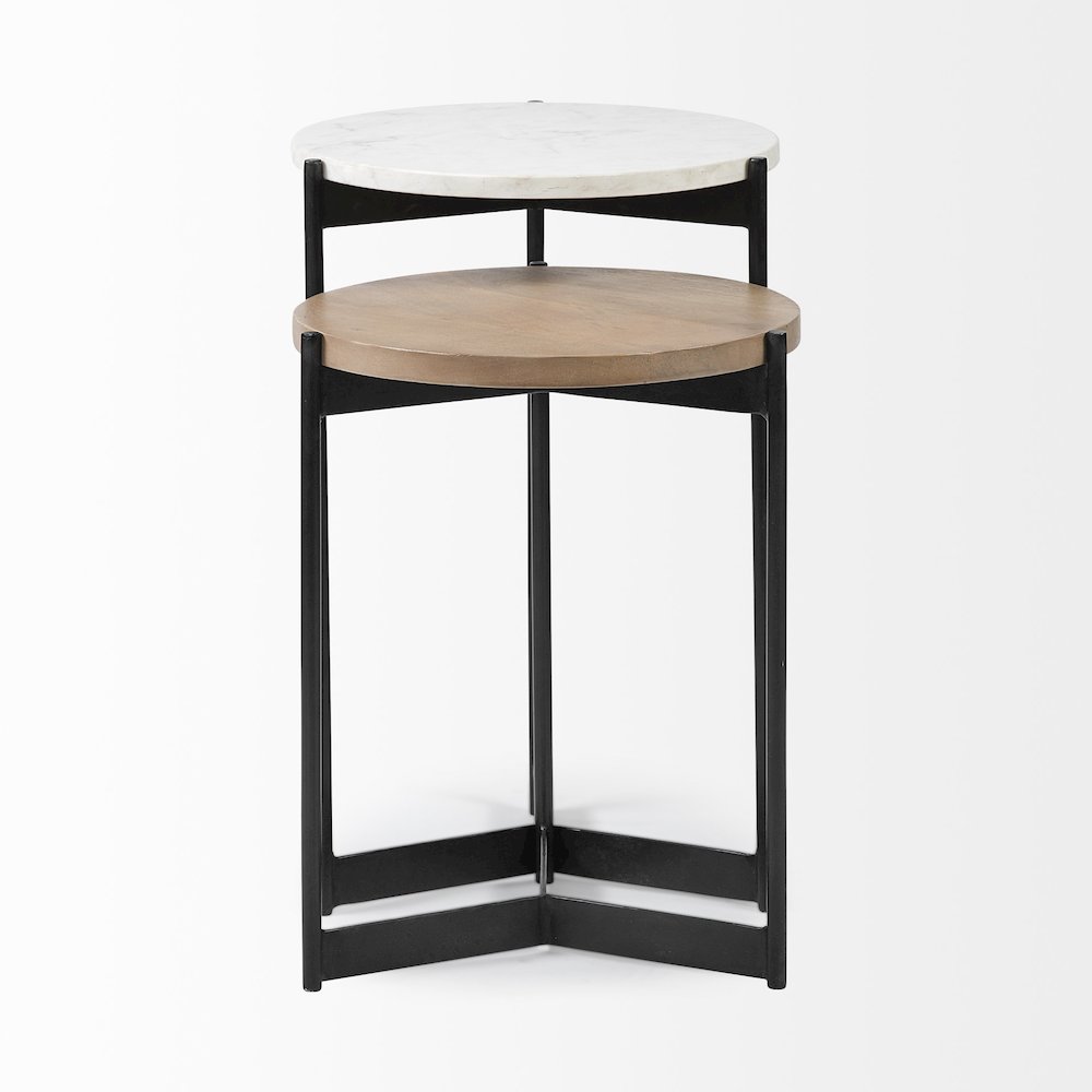 Larkin Marble and Medium Brown Wood Round Tabletop Nesting End/Side Tables