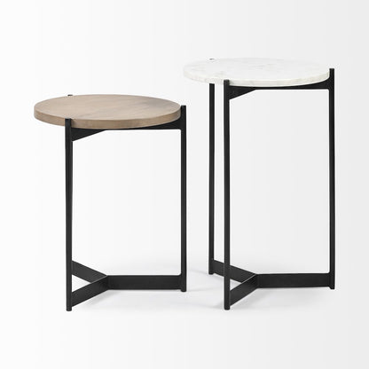 Larkin Marble and Medium Brown Wood Round Tabletop Nesting End/Side Tables