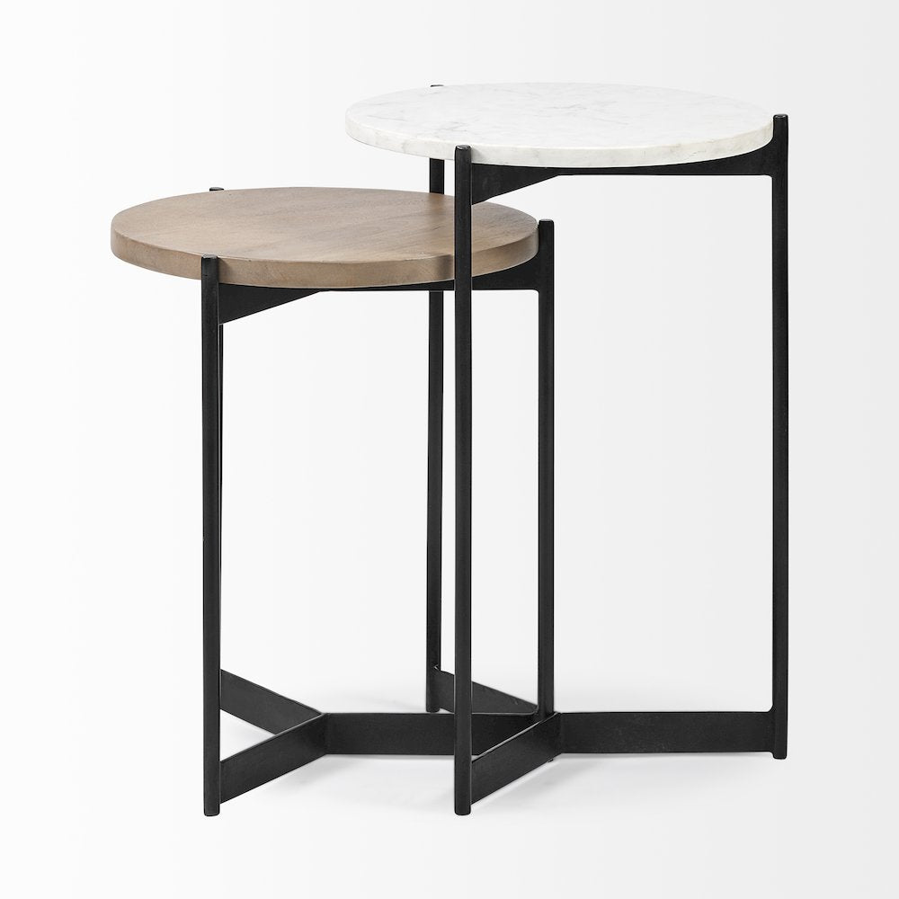 Larkin Marble and Medium Brown Wood Round Tabletop Nesting End/Side Tables
