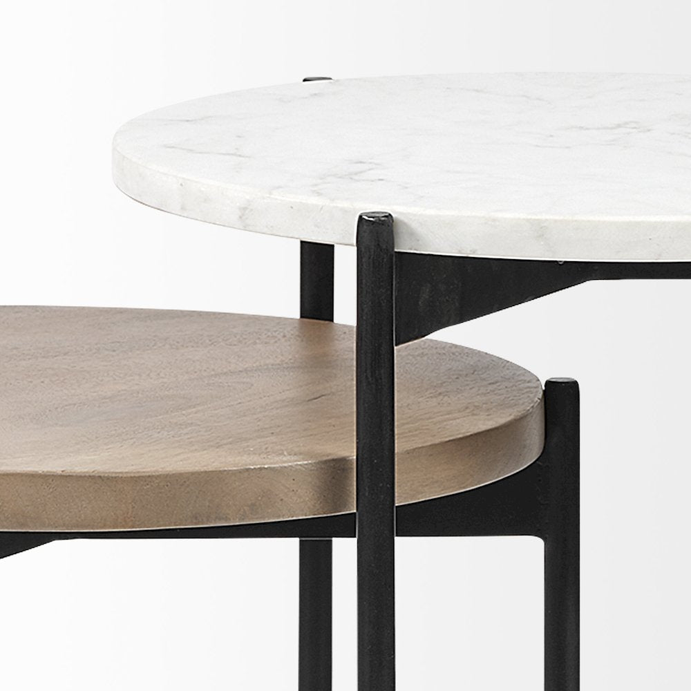 Larkin Marble and Medium Brown Wood Round Tabletop Nesting End/Side Tables