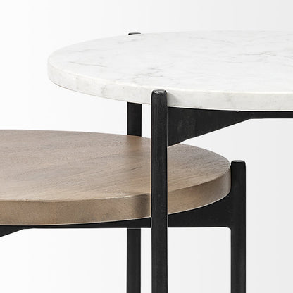 Larkin Marble and Medium Brown Wood Round Tabletop Nesting End/Side Tables