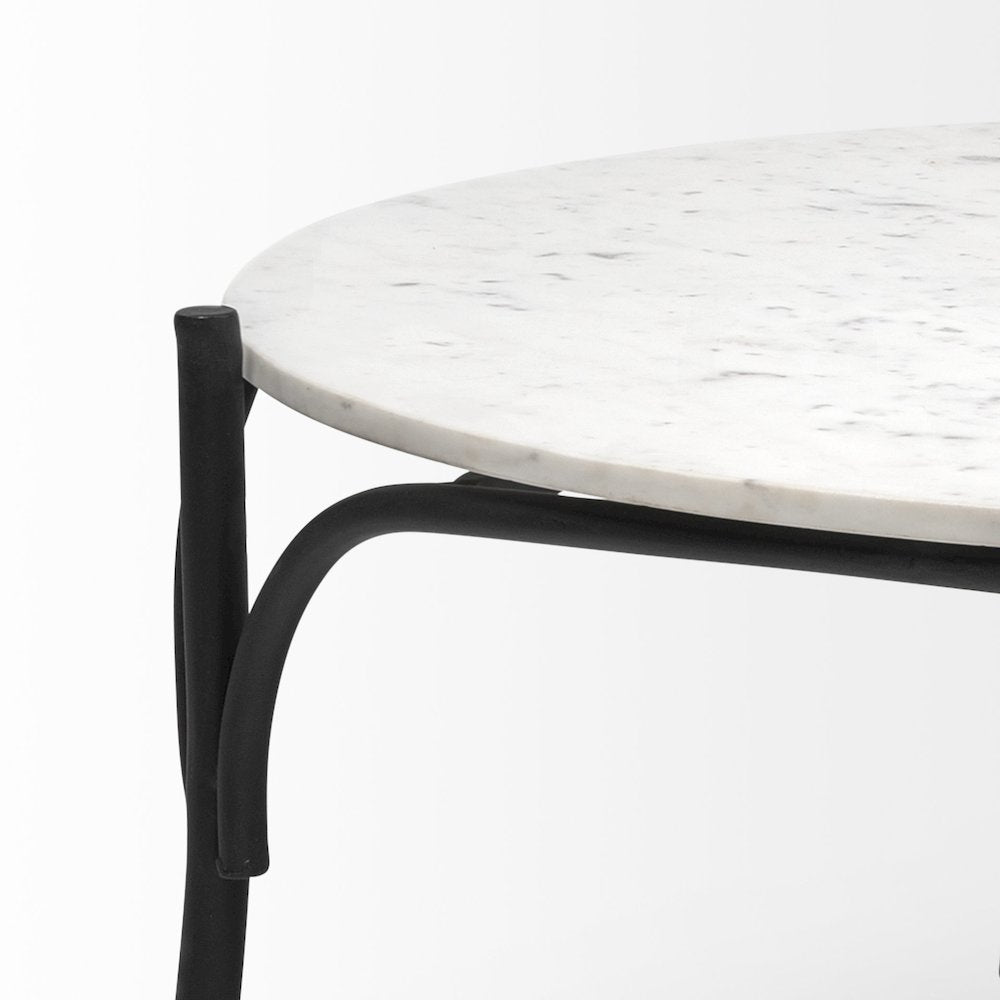 36" Round White Marble Top Black Metal Base Coffee Table