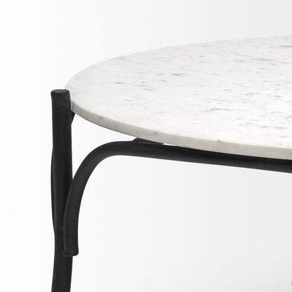 36" Round White Marble Top Black Metal Base Coffee Table