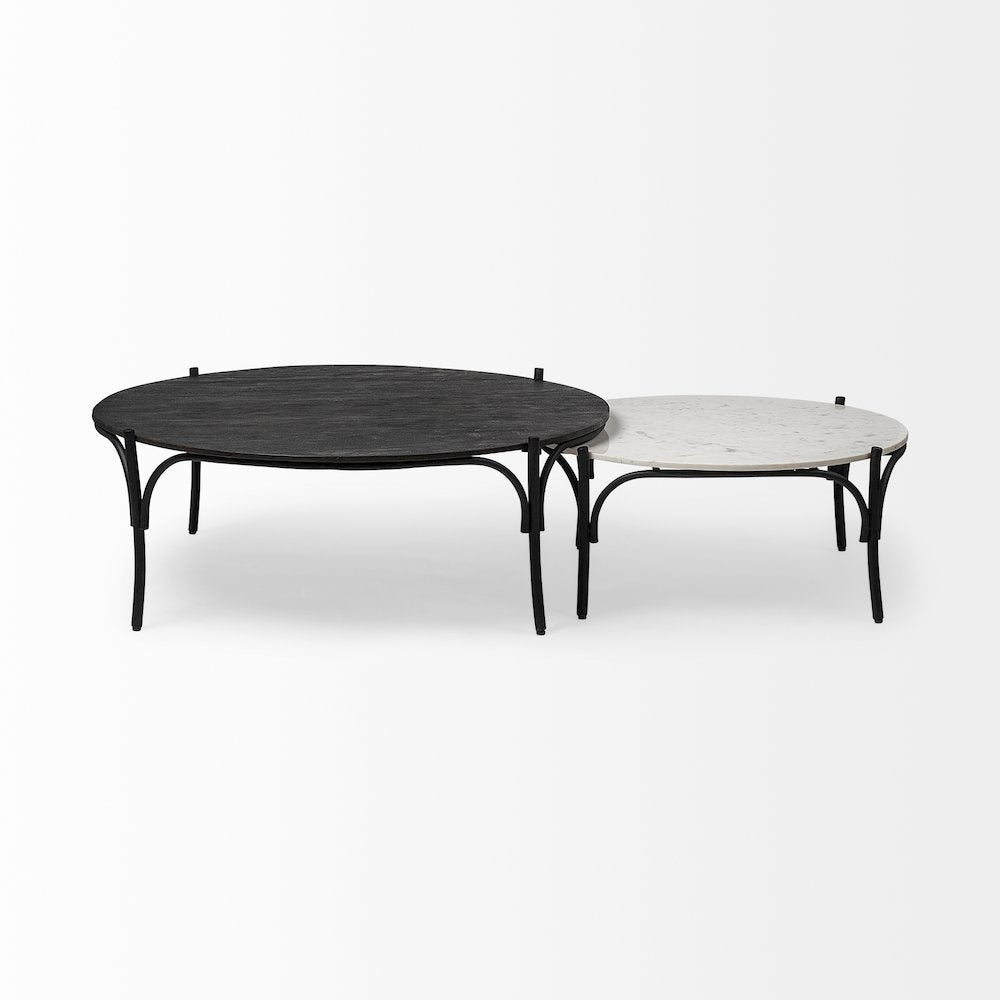 36" Round White Marble Top Black Metal Base Coffee Table