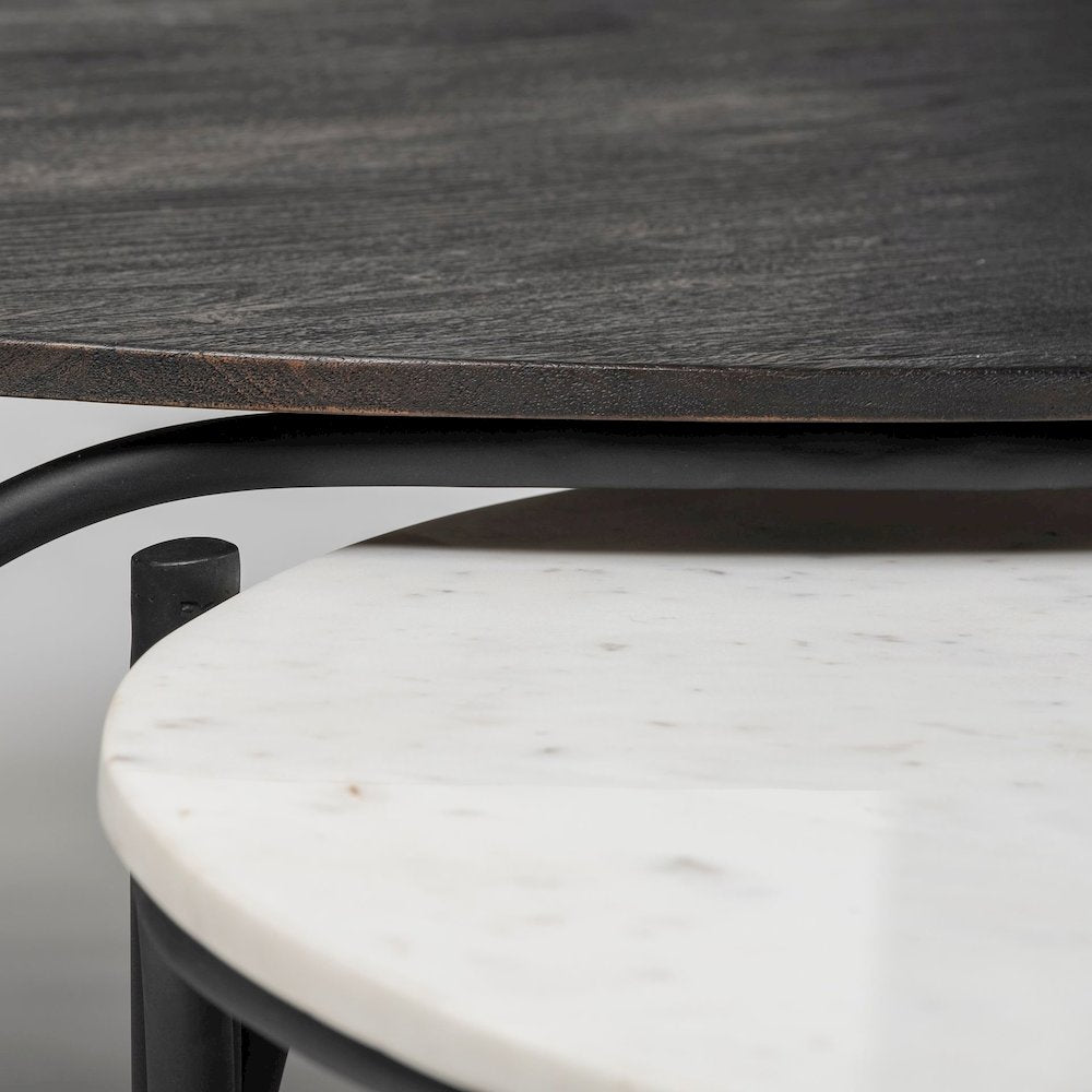36" Round White Marble Top Black Metal Base Coffee Table