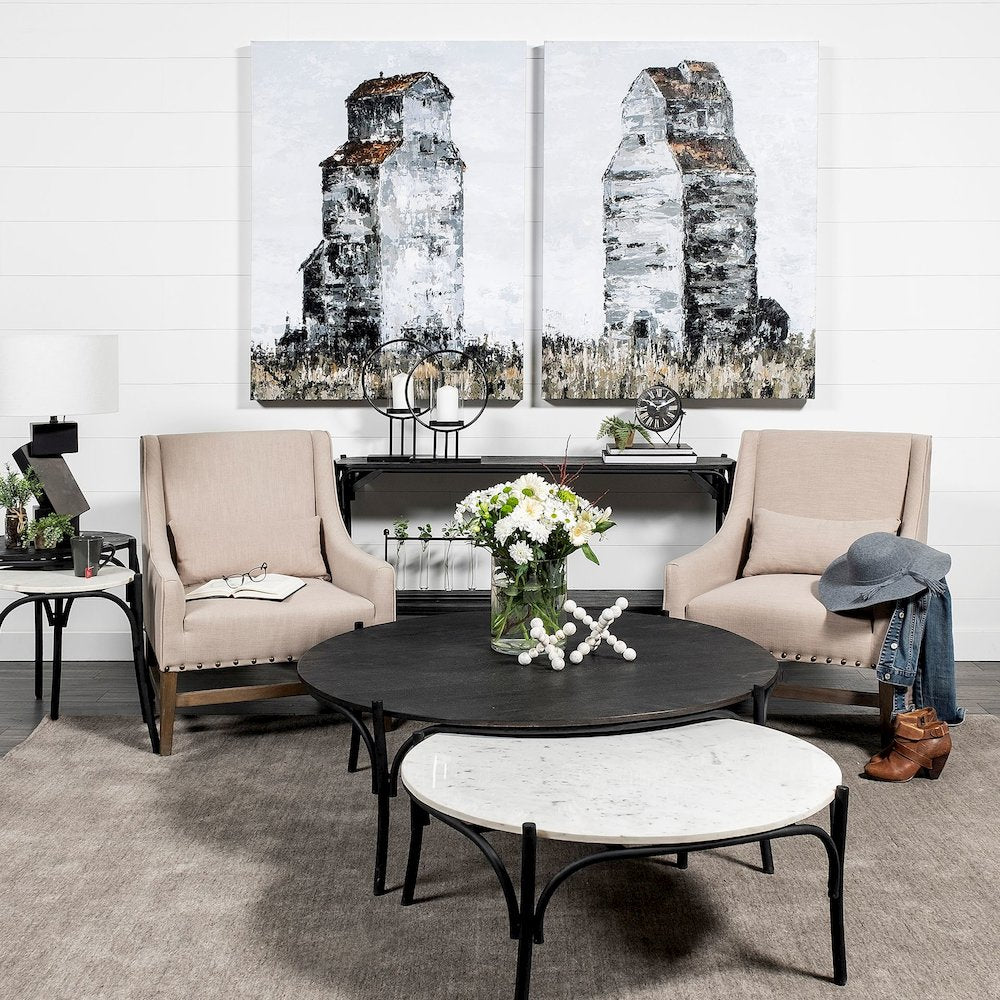 36" Round White Marble Top Black Metal Base Coffee Table