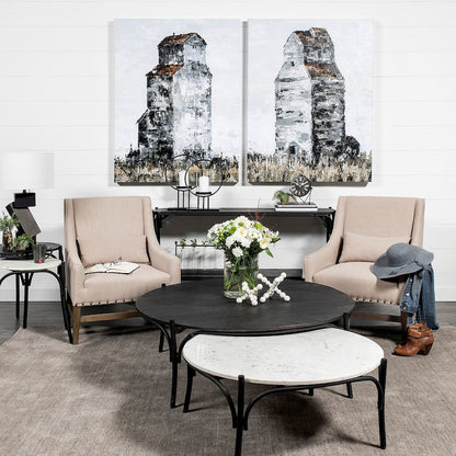 36" Round White Marble Top Black Metal Base Coffee Table