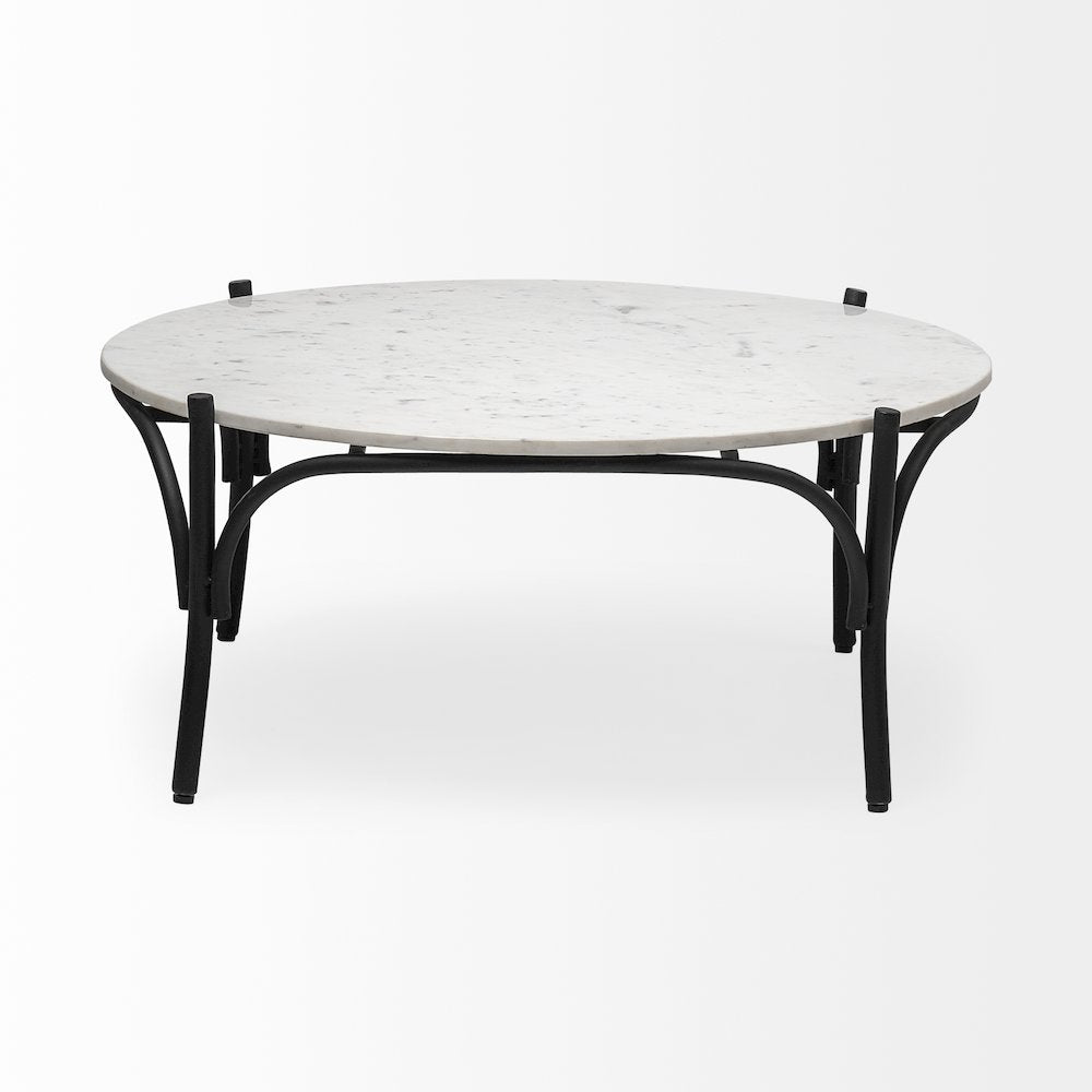 36" Round White Marble Top Black Metal Base Coffee Table