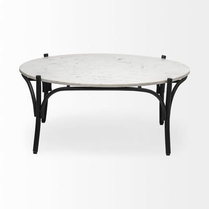 36" Round White Marble Top Black Metal Base Coffee Table