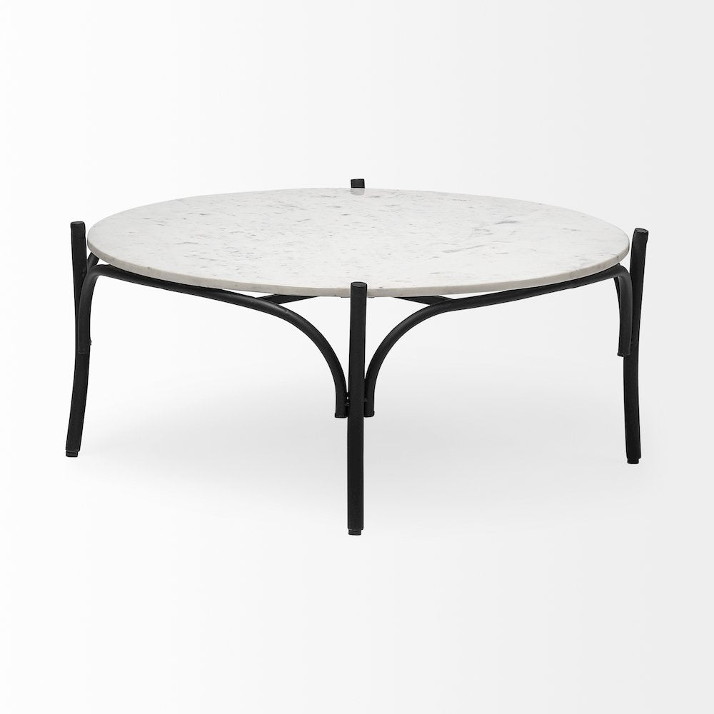 36" Round White Marble Top Black Metal Base Coffee Table