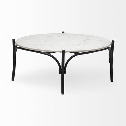 36" Round White Marble Top Black Metal Base Coffee Table