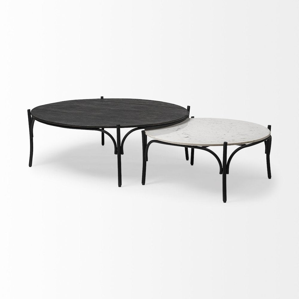 36" Round White Marble Top Black Metal Base Coffee Table