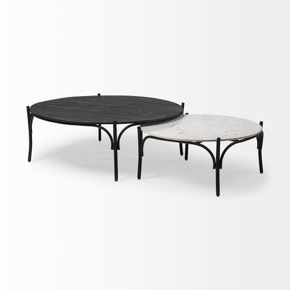 36" Round White Marble Top Black Metal Base Coffee Table