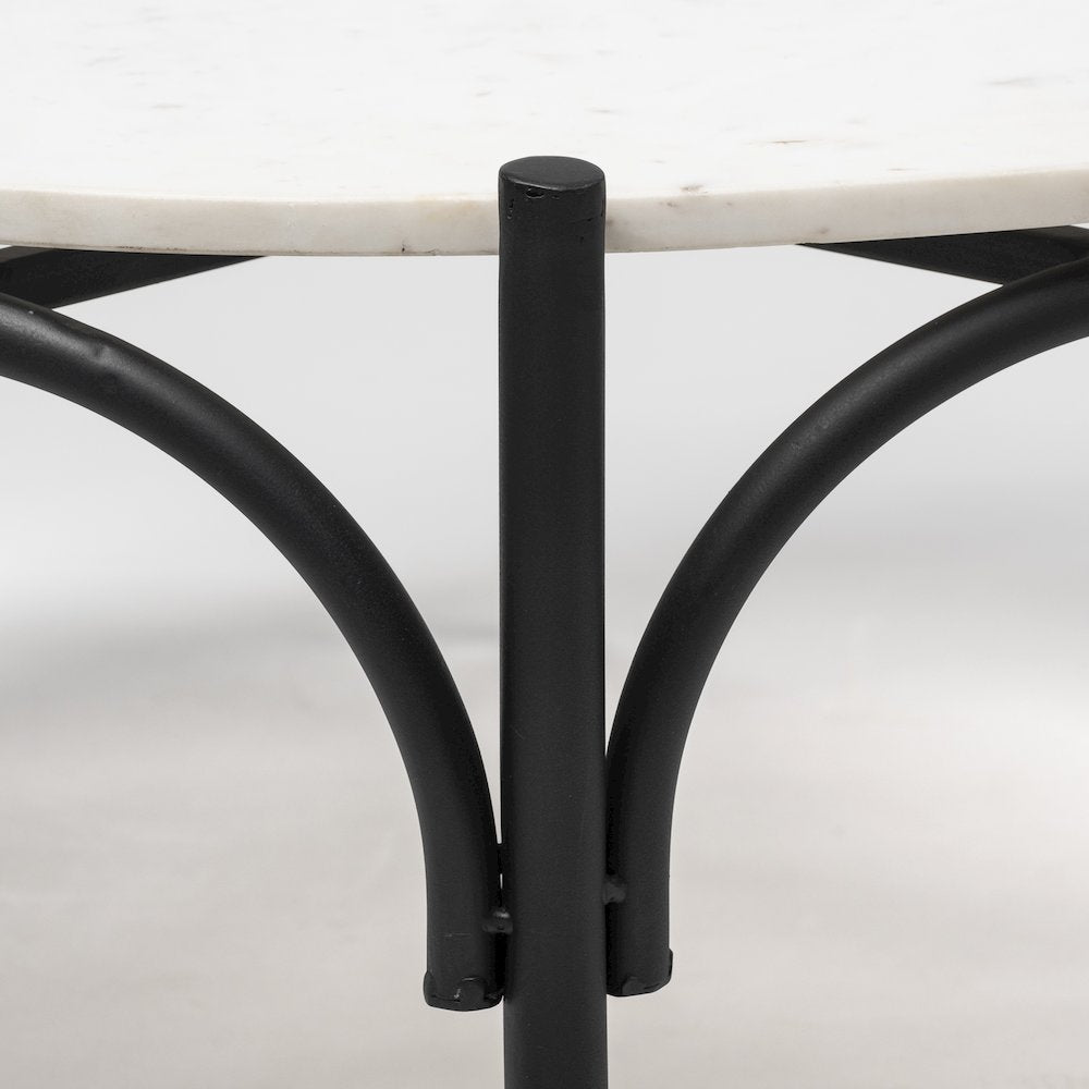 36" Round White Marble Top Black Metal Base Coffee Table
