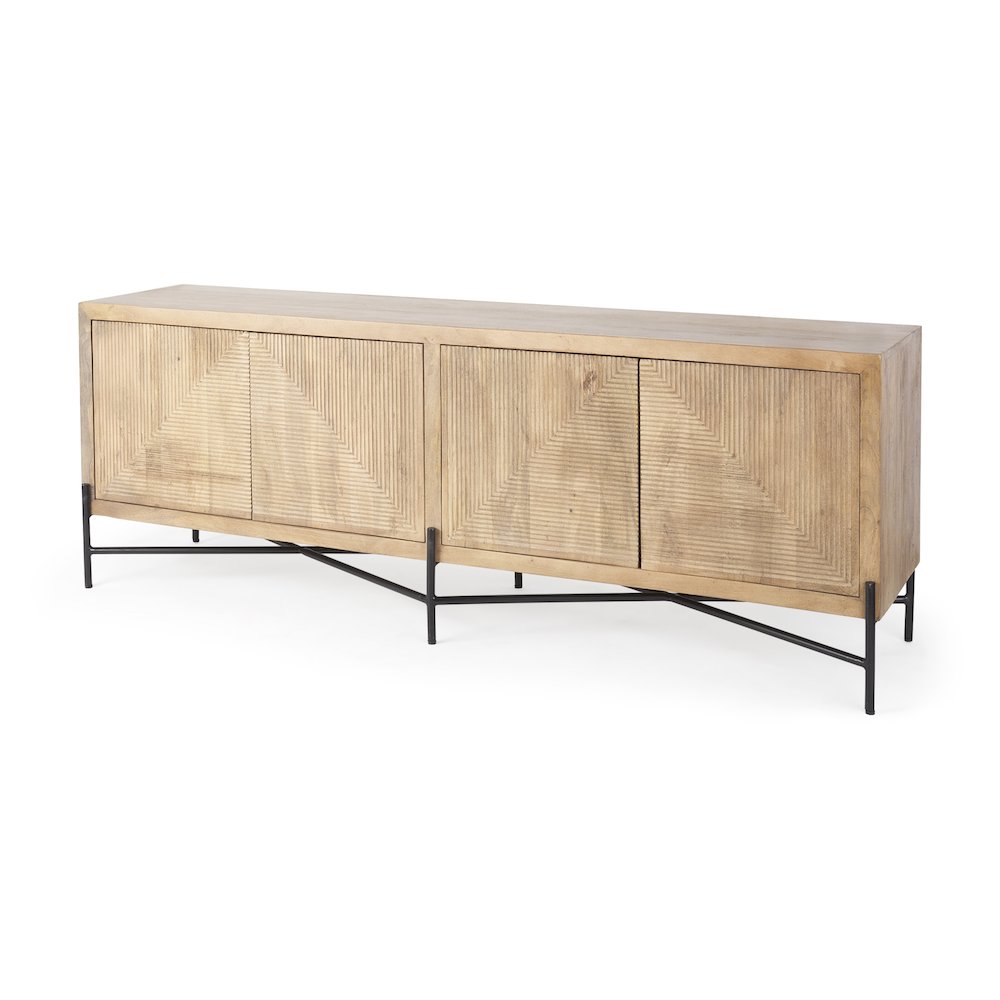 Cairo 78x19 Brown Solid Wood Black Metal Base 4 Door Cabinet Sideboard