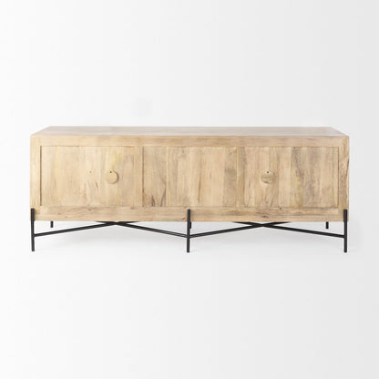 Cairo 78x19 Brown Solid Wood Black Metal Base 4 Door Cabinet Sideboard