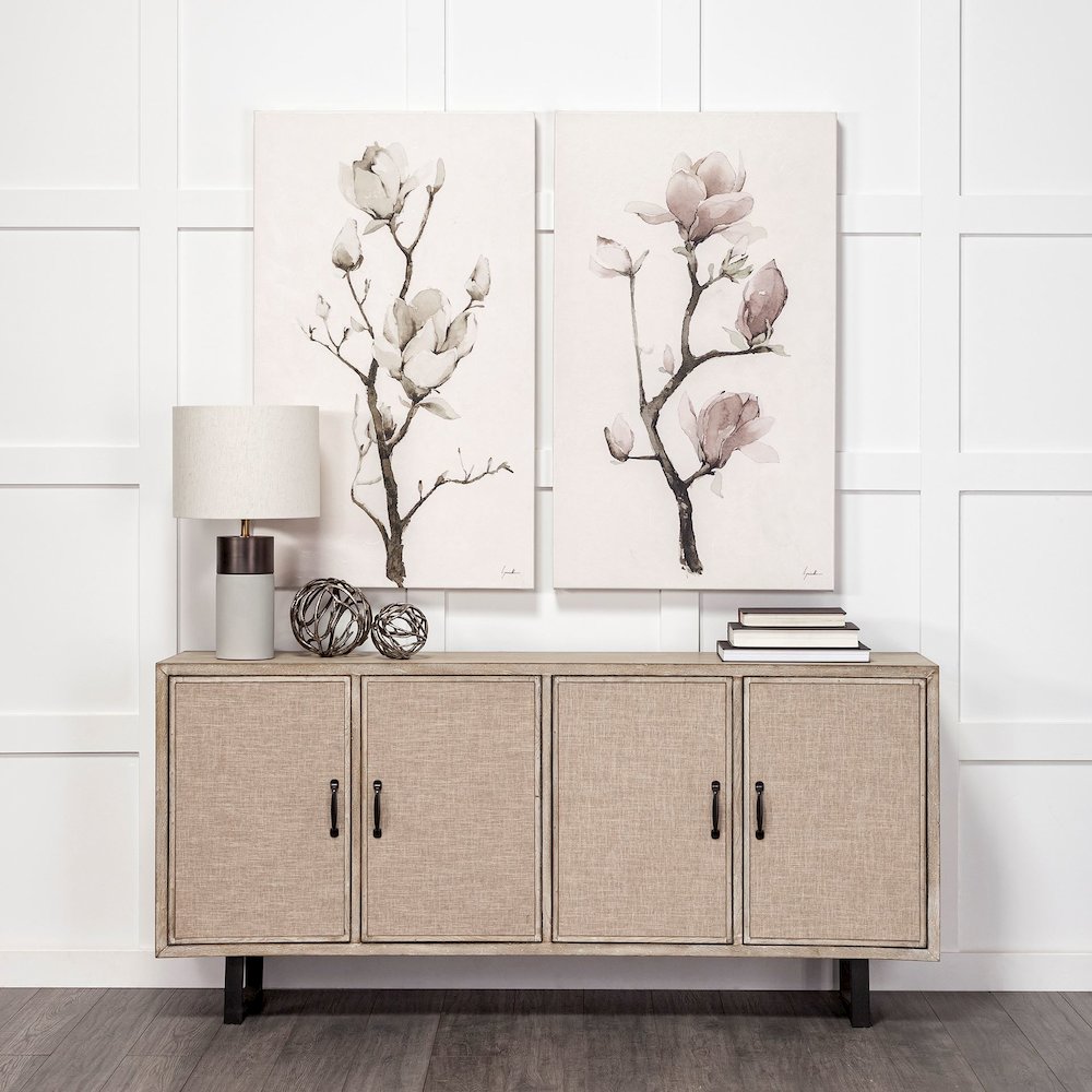 68X15.5 Brown Fir Veneer Frame 4 Fabric Covered Cabinet Door Sideboard