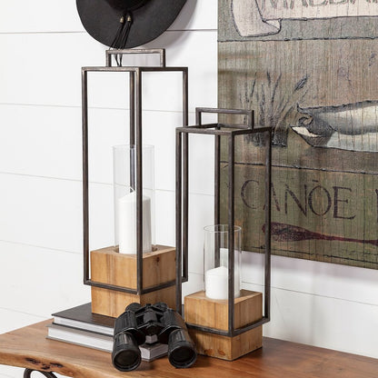 Orionis Large Wood Black Metal Lantern Candle Holder