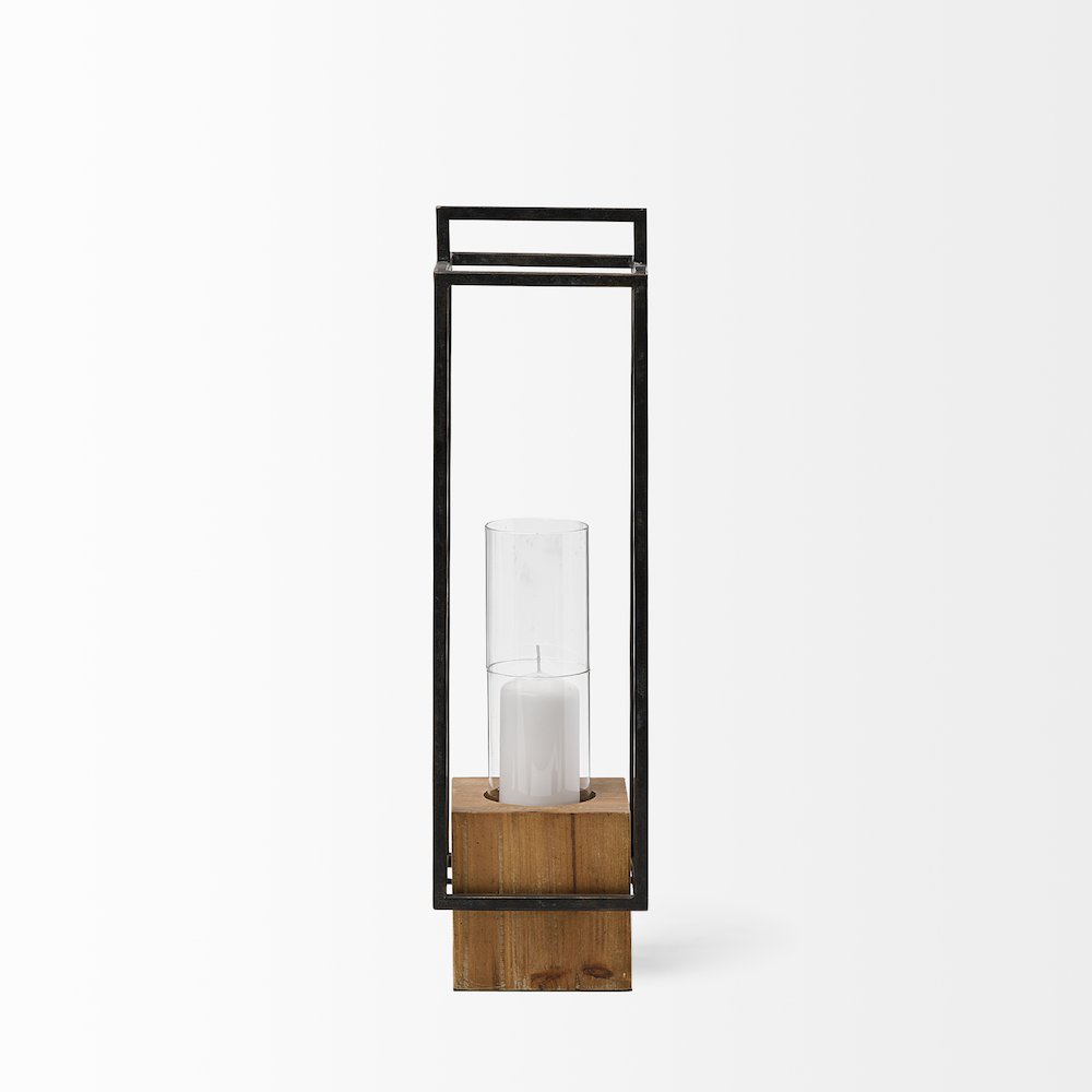 Orionis Large Wood Black Metal Lantern Candle Holder