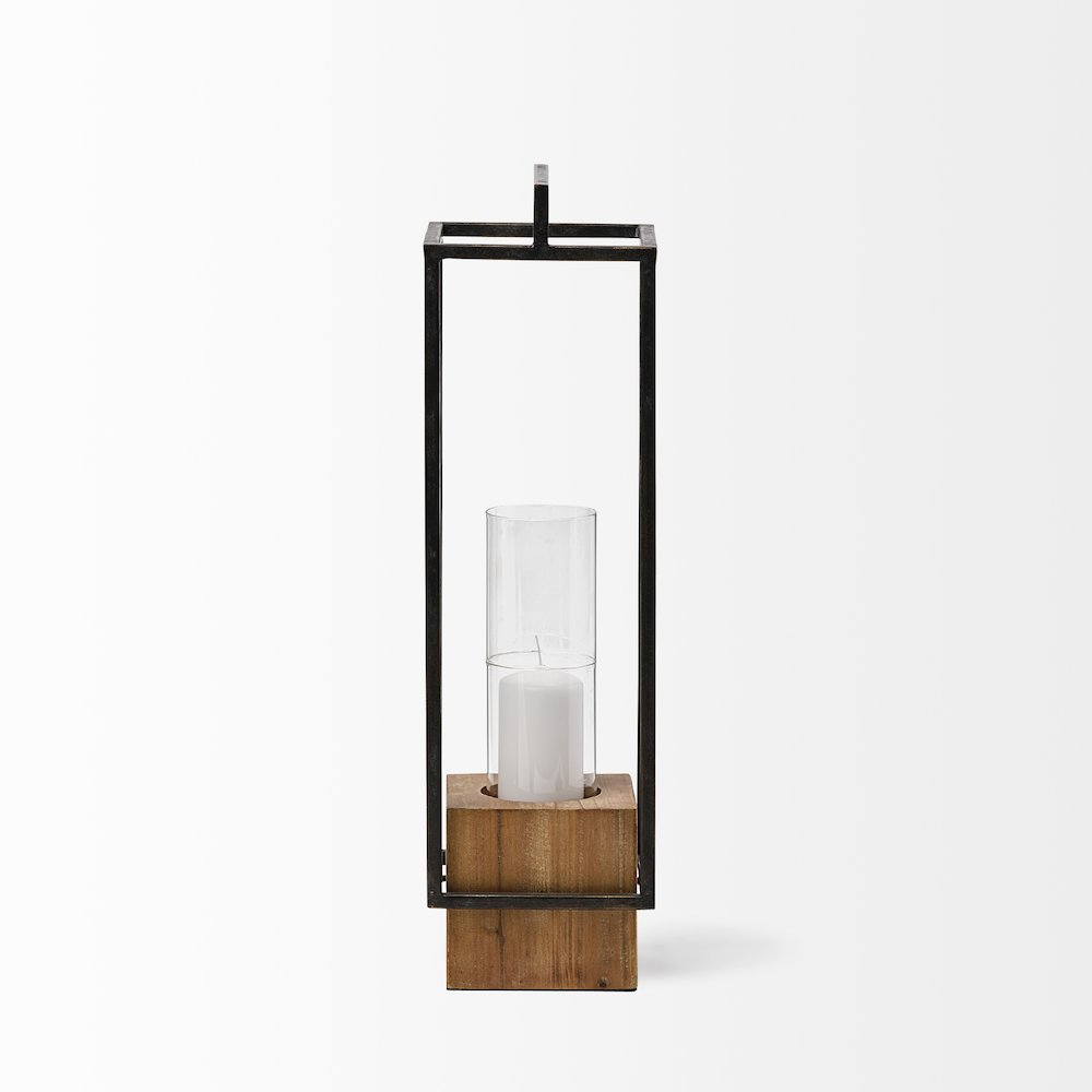 Orionis Large Wood Black Metal Lantern Candle Holder