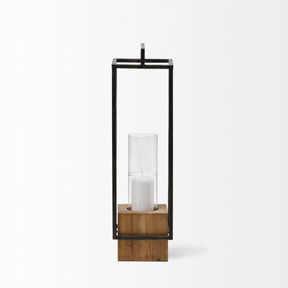 Orionis Large Wood Black Metal Lantern Candle Holder