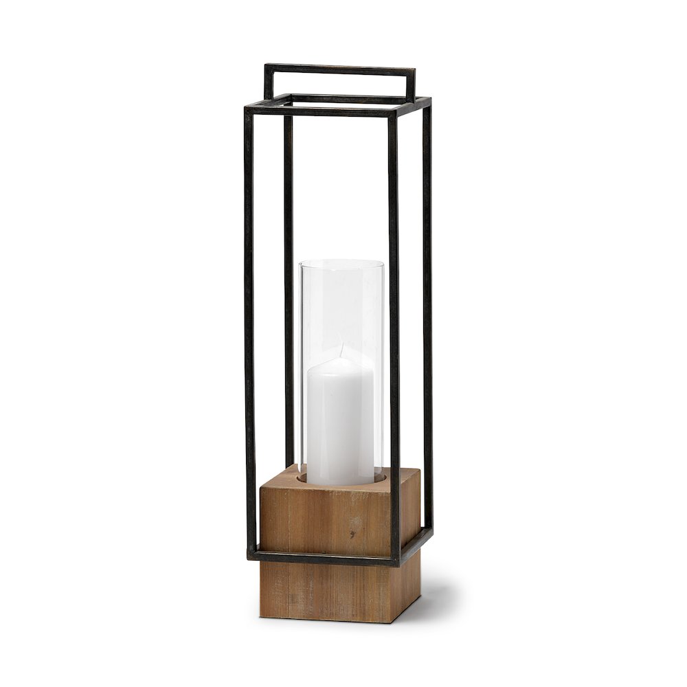 Orionis Large Wood Black Metal Lantern Candle Holder