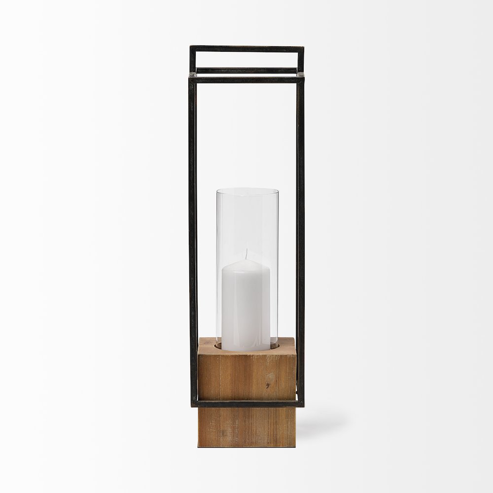 Orionis Large Wood Black Metal Lantern Candle Holder