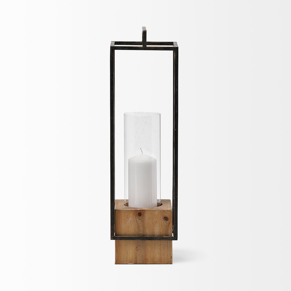 Orionis Large Wood Black Metal Lantern Candle Holder