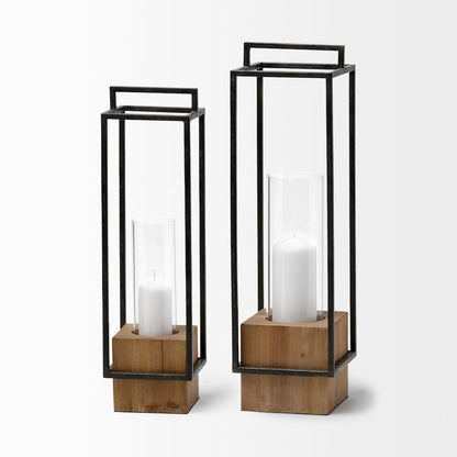 Orionis Large Wood Black Metal Lantern Candle Holder