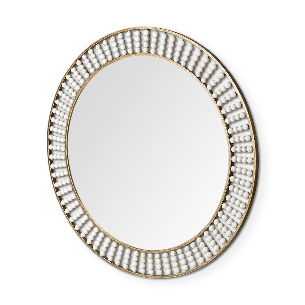 Claiborne 42" Round Gold Metal Frame MirrorWhite Wood Beads