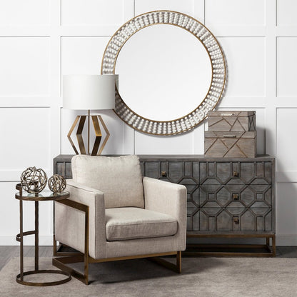 Claiborne 42" Round Gold Metal Frame MirrorWhite Wood Beads