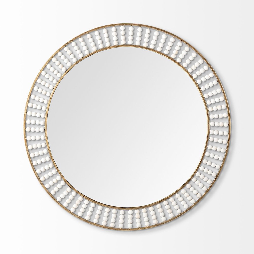 Claiborne 42" Round Gold Metal Frame MirrorWhite Wood Beads
