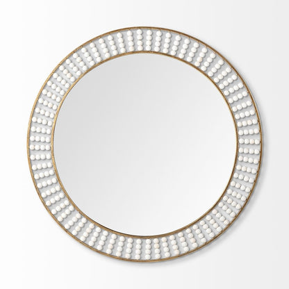 Claiborne 42" Round Gold Metal Frame MirrorWhite Wood Beads