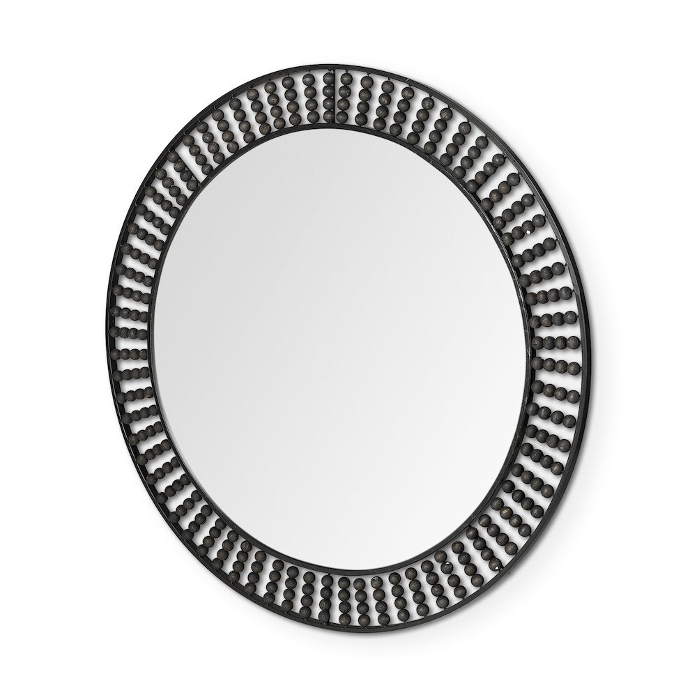 Claiborne 42" Round Black Metal Frame MirrorWood Beads