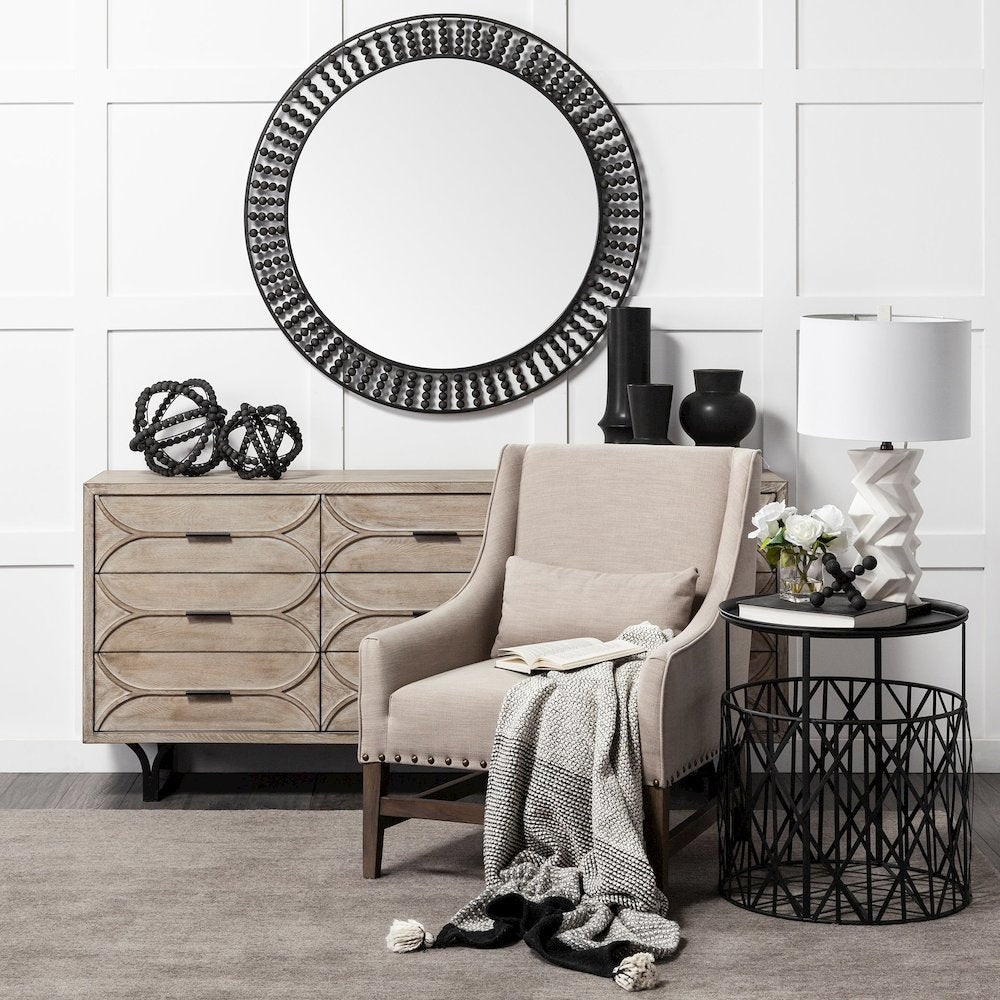 Claiborne 42" Round Black Metal Frame MirrorWood Beads